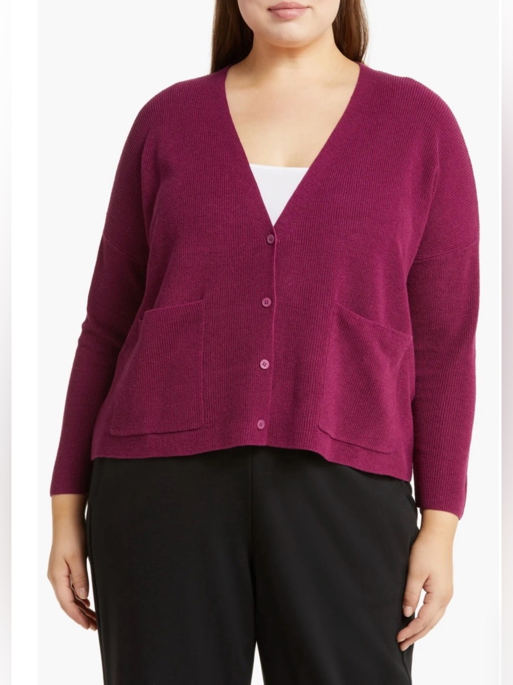 Eileen Fisher V-Neck Button Cardigan Sweater - Berry Plum